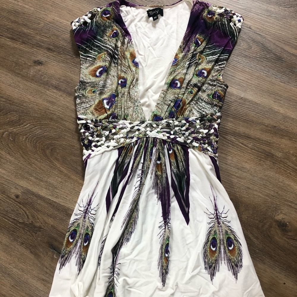 Sky White Dress Top with Purple and Green Peacock Print